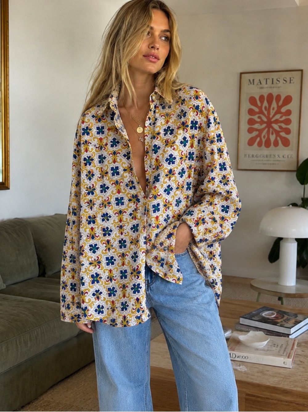 WEWOREWHAT Linen Tile Pattern Dad Shirt Oversized Size Medium Colorful